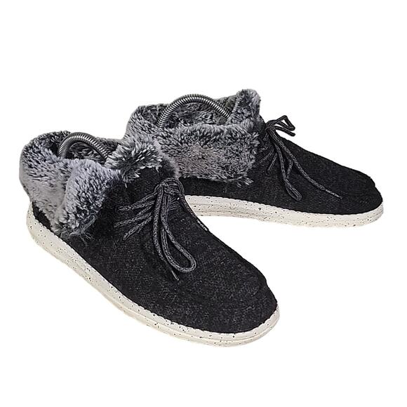 Hey Dude Britt Black Faux Fur Cuff Shoes Ankle Boots Womens Size 9 - Picture 1 of 11